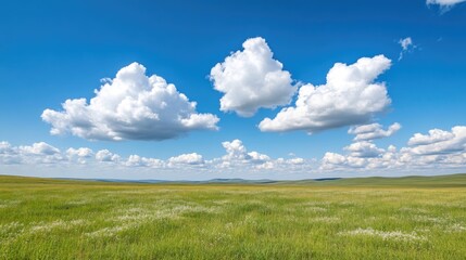 Obraz premium Vast grassy plain under a clear blue sky with fluffy white clouds