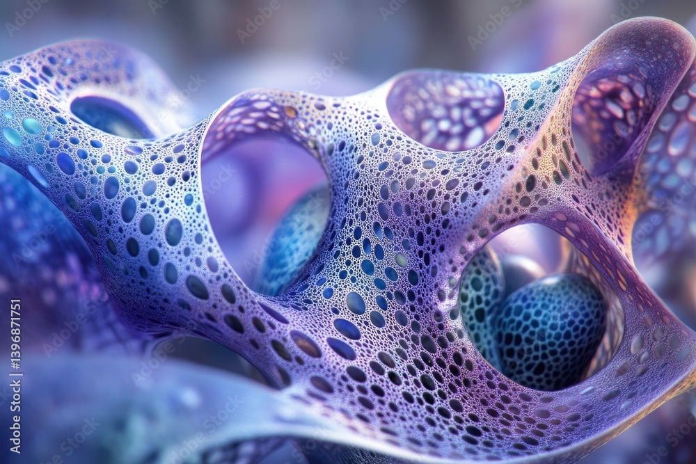 Poster abstract 3d render of a complex, porous, biomorphic structure with iridescent, purple and blue hues.