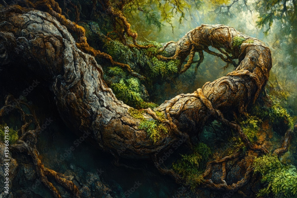 Poster ancient, moss-covered tree roots intertwine in a mystical forest scene, creating a captivating natur