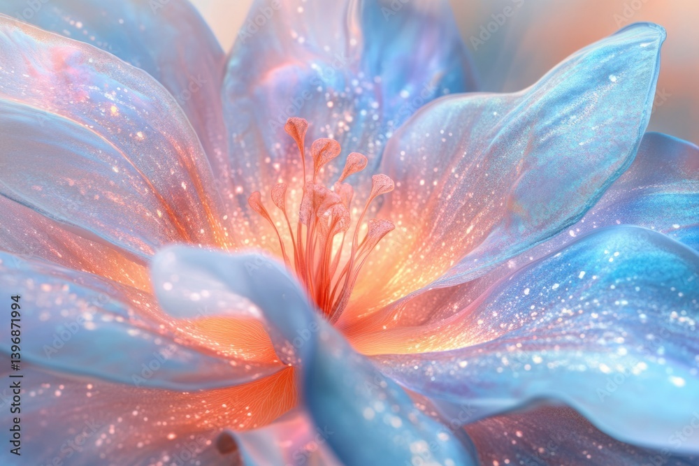 Poster close-up of a luminous, ethereal flower with pastel hues and sparkling texture.