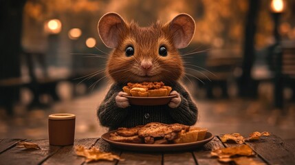 Cute mouse enjoying a meal outdoors