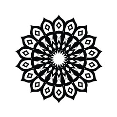 Ornamental Black and White Mandala Design with Symmetrical Points and Patterns