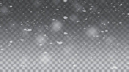 Vector heavy snowfall, snowflakes in different shapes and forms. Snow flakes, snow background.  Realistic snowfall background isolated on transparent.