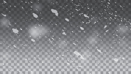Vector heavy snowfall, snowflakes in different shapes and forms. Snow flakes, snow background.  Realistic snowfall background isolated on transparent.