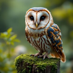 Captivating Owl Perched on Mossy Stump in Lush Forest Setting