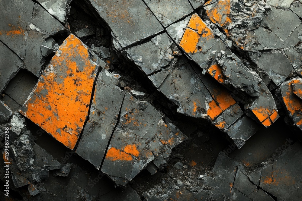 Poster shattered concrete slabs with vibrant orange paint remnants create a striking abstract texture.