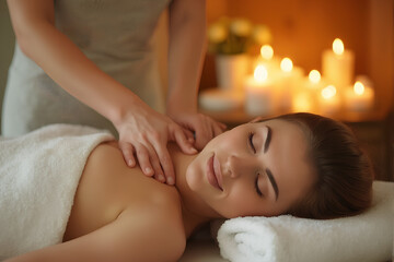 Fototapeta premium Female Client Enjoying Calming Massage Therapy, Generative AI