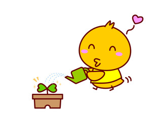 植木鉢に水やりをするひよこ © twomoons
