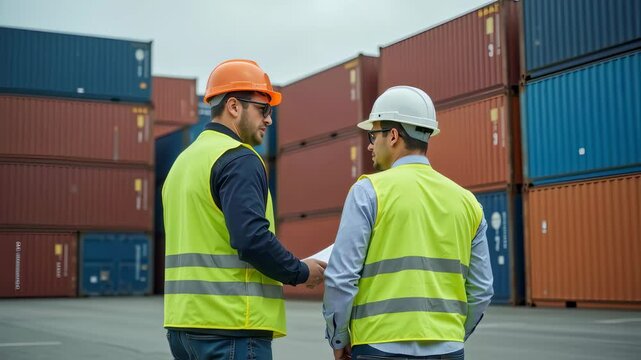 Two workers discussing logistics at container terminal, shipping and freight coordination