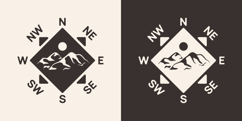 Vintage compass illustration featuring a striking mountain silhouette with bold directional marks and a clean geometric layout.