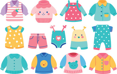 Colorful baby clothes vector artwork illustration set 