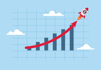 Fototapeta premium A rocket that is rising with exponential growth. Investment. Increased wealth or income. Business sales or profit maximization concept. Growing financial report graph with a rising arrow.