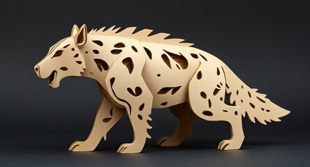 Fototapeta premium A wooden sculpture of a wolf featuring a prominent, large head, showcasing intricate carvings and natural wood texture