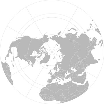 World vector map with country boundaries and graticules (Northern hemisphere, north pole aeqd projection, PPT-compatible & fully editable)