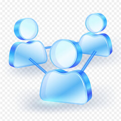 3d icon symbolizing social networking with interconnected people in blue clear glass, representing business Communication and Collaboration. Vector illustration file.