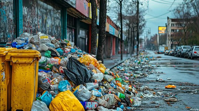Overflowing trash bins and scattered waste clutter the urban streets, reflecting poor waste management practices. Rainwater pools around discarded items, highlighting pollution issues.