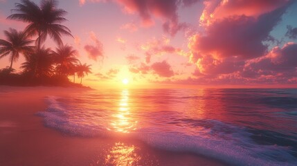 Tropical beach Pink sky, palm trees, ocean waves under bright sunset