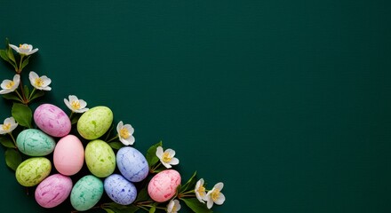 Colorful easter eggs and white flowers arranged on a dark green background in a decorative style