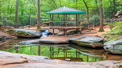Obraz premium A tranquil gazebo overlooking a serene, rocky creek in a lush forest.