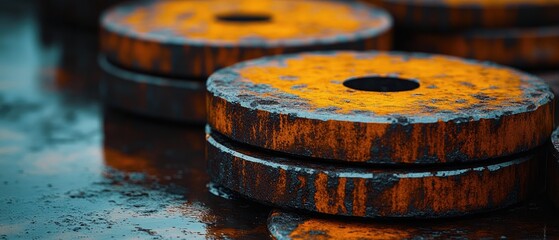 Rusted steel bokeh discs with oxidation patina and industrial grunge textures for cinematic backgrounds, dystopian film promotions.