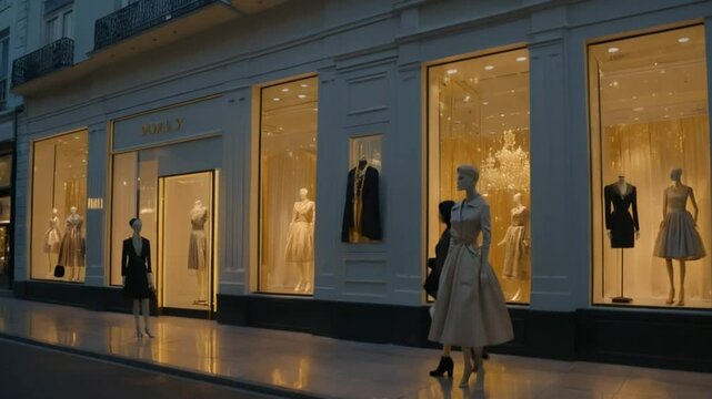 Luxury fashion brand opening scene with slow cinematic dolly-in toward elegant boutique window showing mannequins under golden light for promo trailers