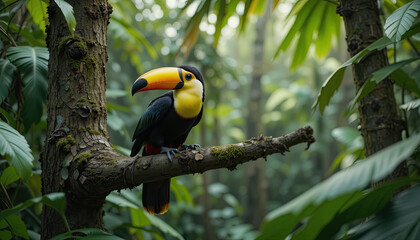Naklejka premium A toucan resting on a tropical rainforest tree 