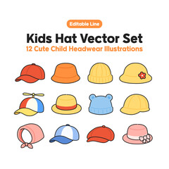 Kids Hat Vector Set - A colorful collection of 12 hand-drawn kids hats in vector style, including baseball caps, beanies, bonnets, straw hats
