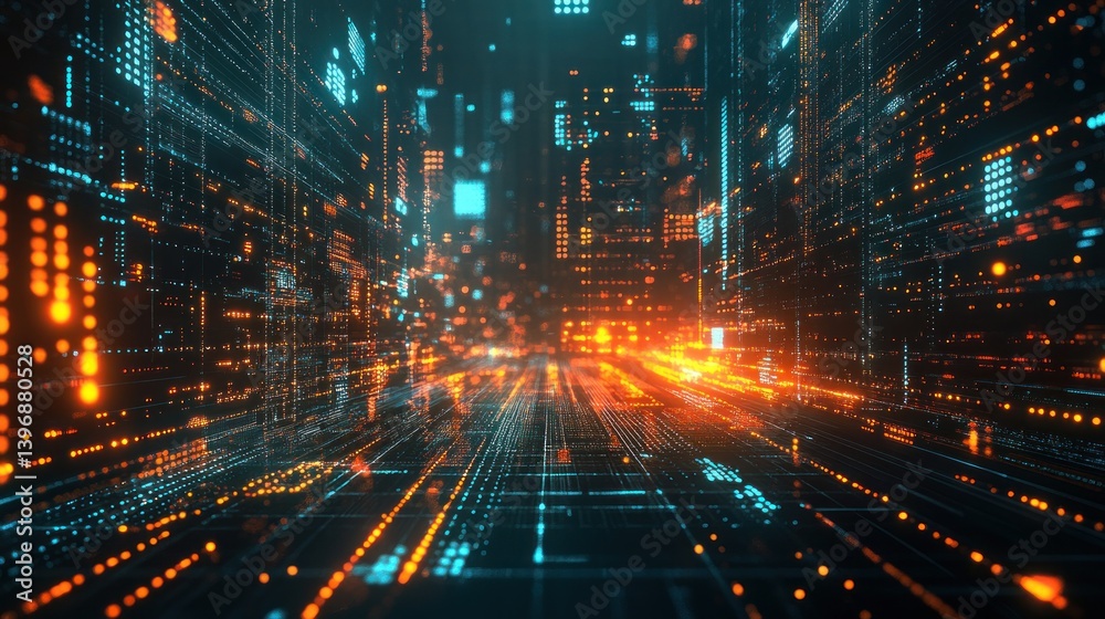 Poster immersive digital landscape abstract data network visualization showing interconnected pathways and 