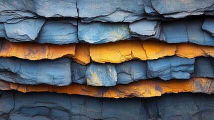 Layered rock formation with blue-grey & gold horizontal strata, textured surface