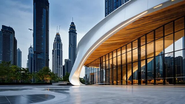 Modern architectural marvel with sleek curves amidst a bustling urban skyline at dusk