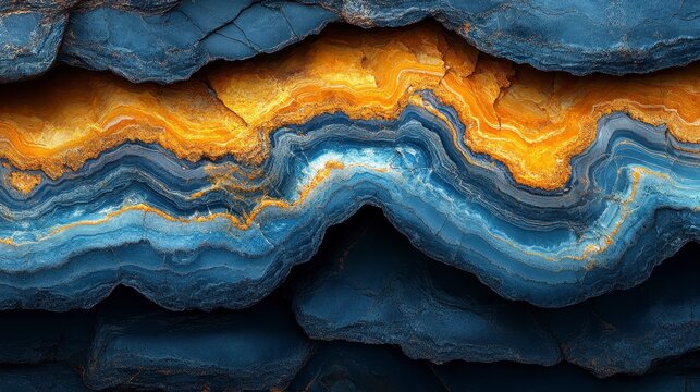 Textured rock formation with contrasting blue and orange layers, abstract