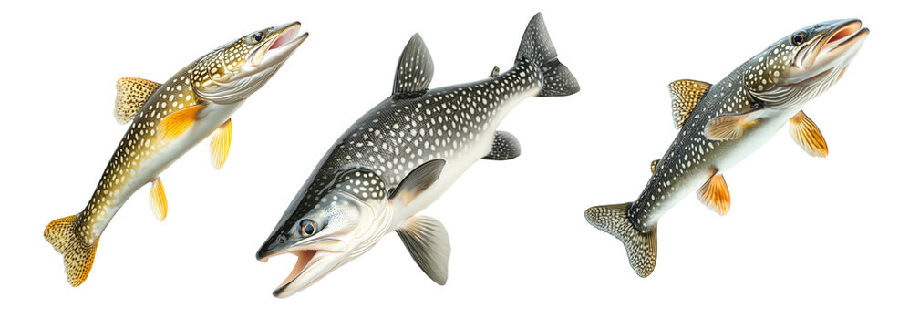 Set of northern pike fish with spotted scales, fins and sharp jaw isolated on white transparent background, concept of aquatic life