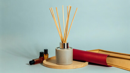 Elegant Reed Diffuser with Wooden Sticks on a Light Blue Background