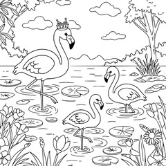 Flamingo drawing illustration for coloring book. Kids drawing book.