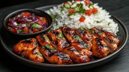 Fototapeta premium Grilled chicken breast with rice and salsa
