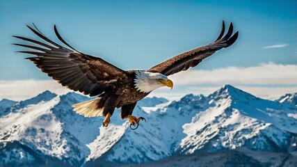 Obraz premium Bald Eagle Flying Overhead in Clear Sky Viewed from Below Showing Underside of Wings and Body