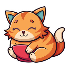Cheerful Orange Striped Cat Curled up with Eyes Closed Sitting Isolated on White