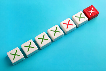 Obraz premium business concept with a crossword puzzle, A row of six rectangular blocks arranged diagonally on a bright blue background.