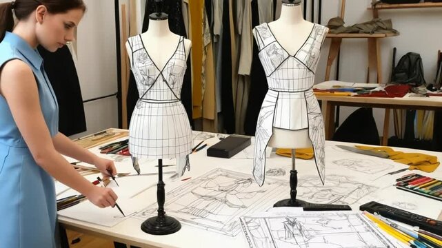 Fashion design process from sketch to runway including designer hand-drawing, tailoring, and final garment display ideal for educational fashion content