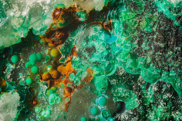 Microphotograph of malachite spherulites. Magnification on a scale of 10X