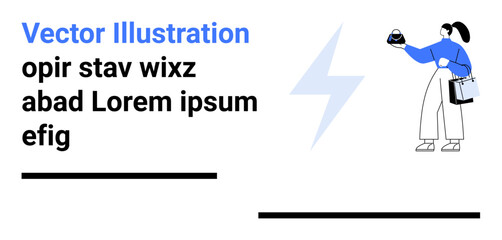 Female character carrying shopping bags and drink. Lightning bolt representing energy or power. Ideal for e-commerce, retail sales, lifestyle, energy, motivation, productivity, flat landing page