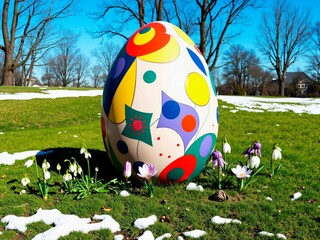 Easter eggs with abstract patterns decorate the spring lawn, shining under the rays of the sun. Bright colors intertwine with delicate greenery, creating a festive mood