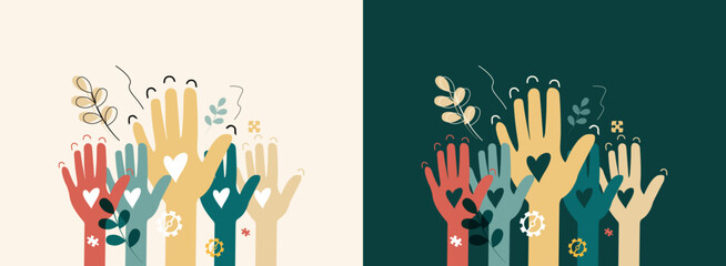 Raised hands. Volunteering, teamwork concert.