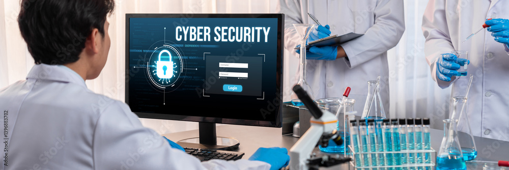 Poster cyber security system on computer screen protect private information brisk from hacker and cyber att