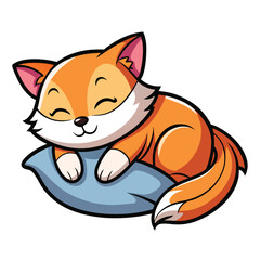 Cartoon Fox Resting on Pillow, Adorable Animal Mascot Character with Orange and White Fur