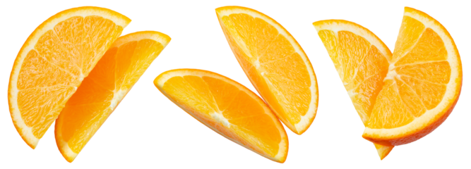 Orange slice isolated png. Orang slices on transparent background. Cut orange fruit set no background. Png collection. Top view. Full depth of field.