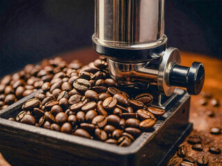 Close-up of a coffee grinder with freshly roasted coffee beans.