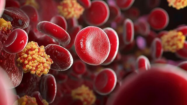 Detailed view of red blood cells and platelets in human bloodstream showcasing their interaction and structure