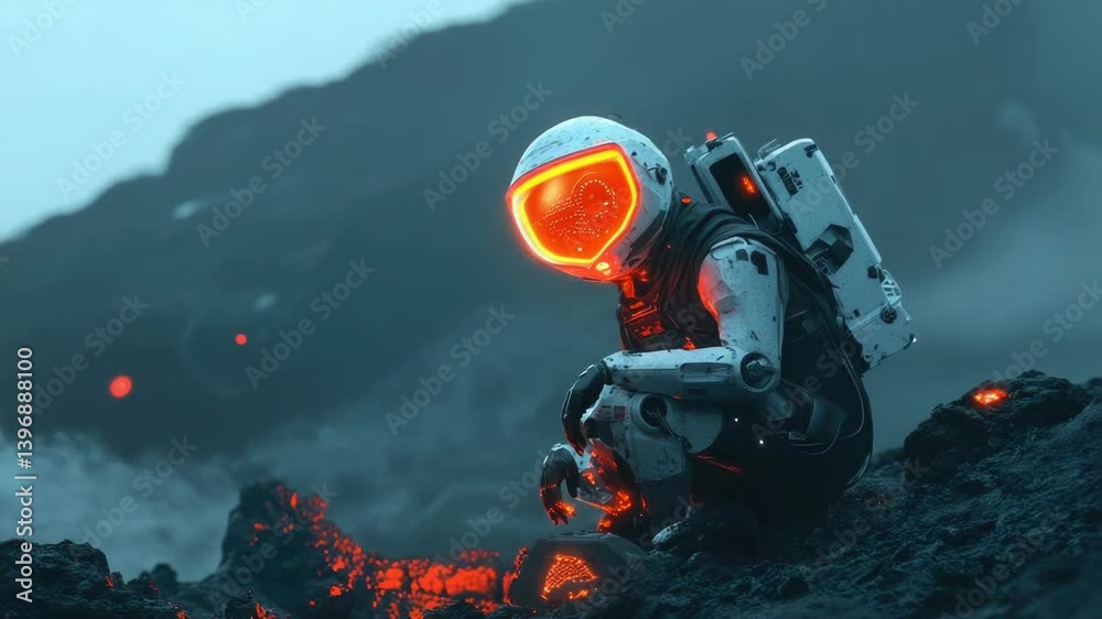 Poster an astronaut sits on a rocky surface in his spacesuit, possibly taking a break from an expedition.