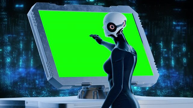Humanoid Robot or Cyborg interacting with a sci fi monitor screen in a futuristic abstract environment with Green Screen instead of actual display Concept Animation